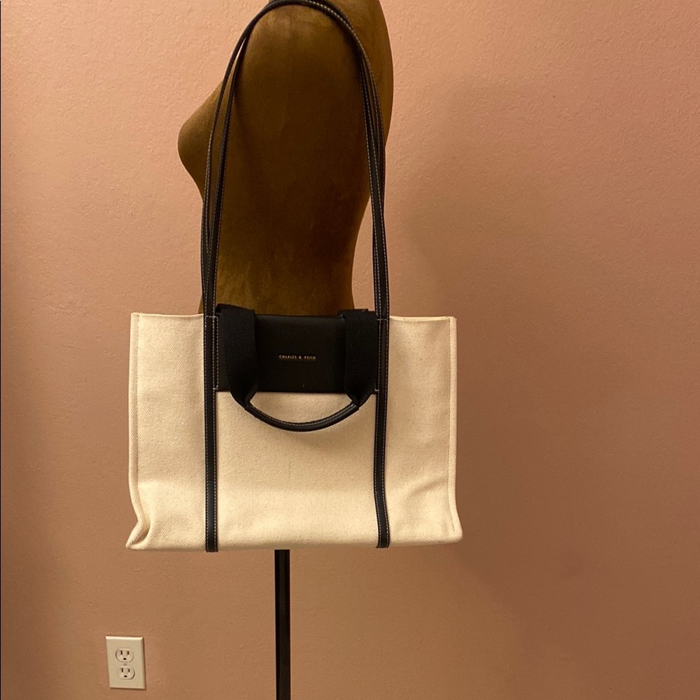 Charles & Keith Cream Canvas Tote with Black Trim